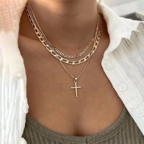 Gold Layered Chain Necklace Cross Pendant Choker Statement Fashion Faith Jewelry - Picture 5 of 6